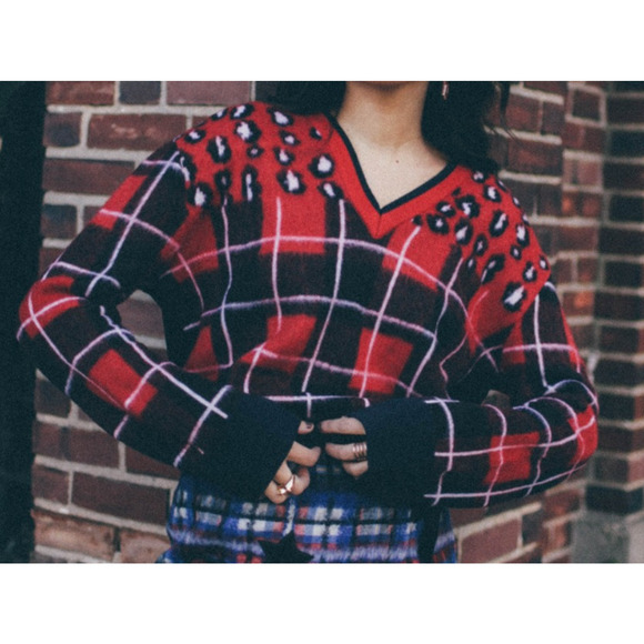 Tommy Hilfiger Collection X SAKS 5TH AVENUE Mohair Blend Tartan Sweater Red M - Picture 1 of 13